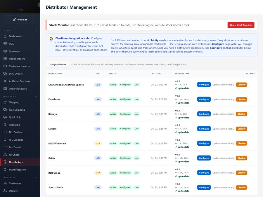 Distributor connections in the Trinity admin: each distributor's connection type, status and last sync