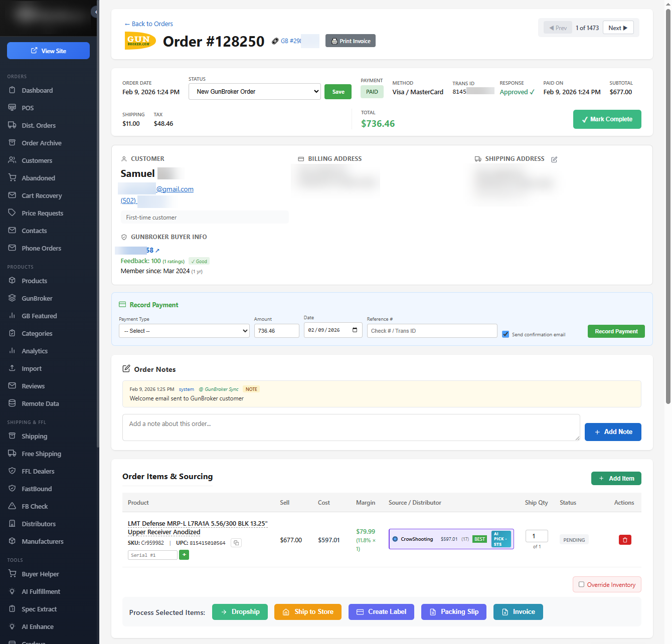 Trinity E-Commerce Platform - Order Management Dashboard with AI Fulfillment, GunBroker sync, and multi-distributor sourcing