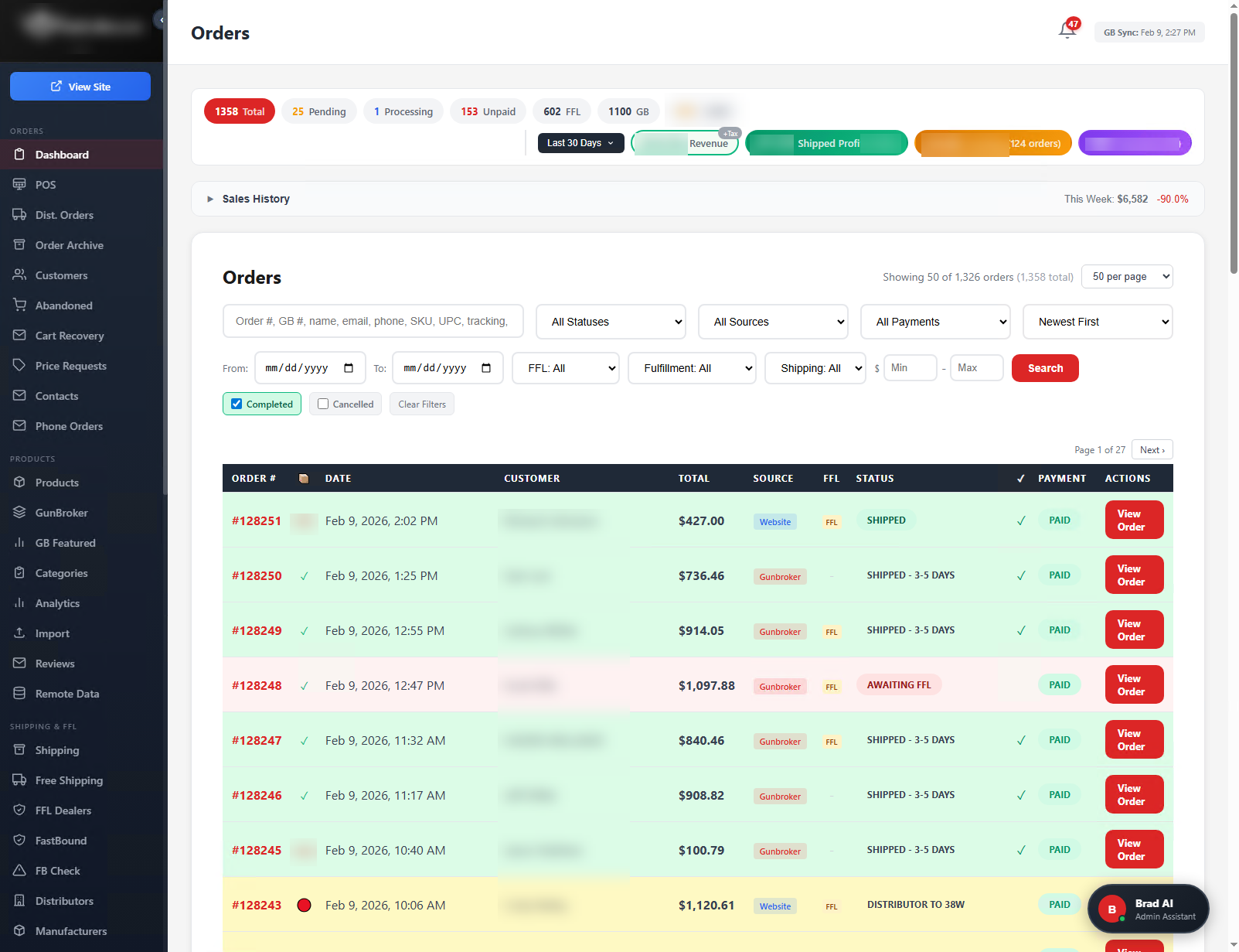 Trinity Orders Dashboard - Multi-channel order management with GunBroker sync, FFL tracking, payment status, and advanced filtering