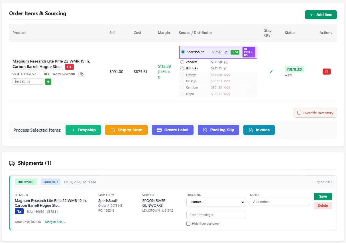 Trinity AI-Powered Order Sourcing - Compare prices across distributors with AI Pick recommendations, one-click dropship, and margin tracking