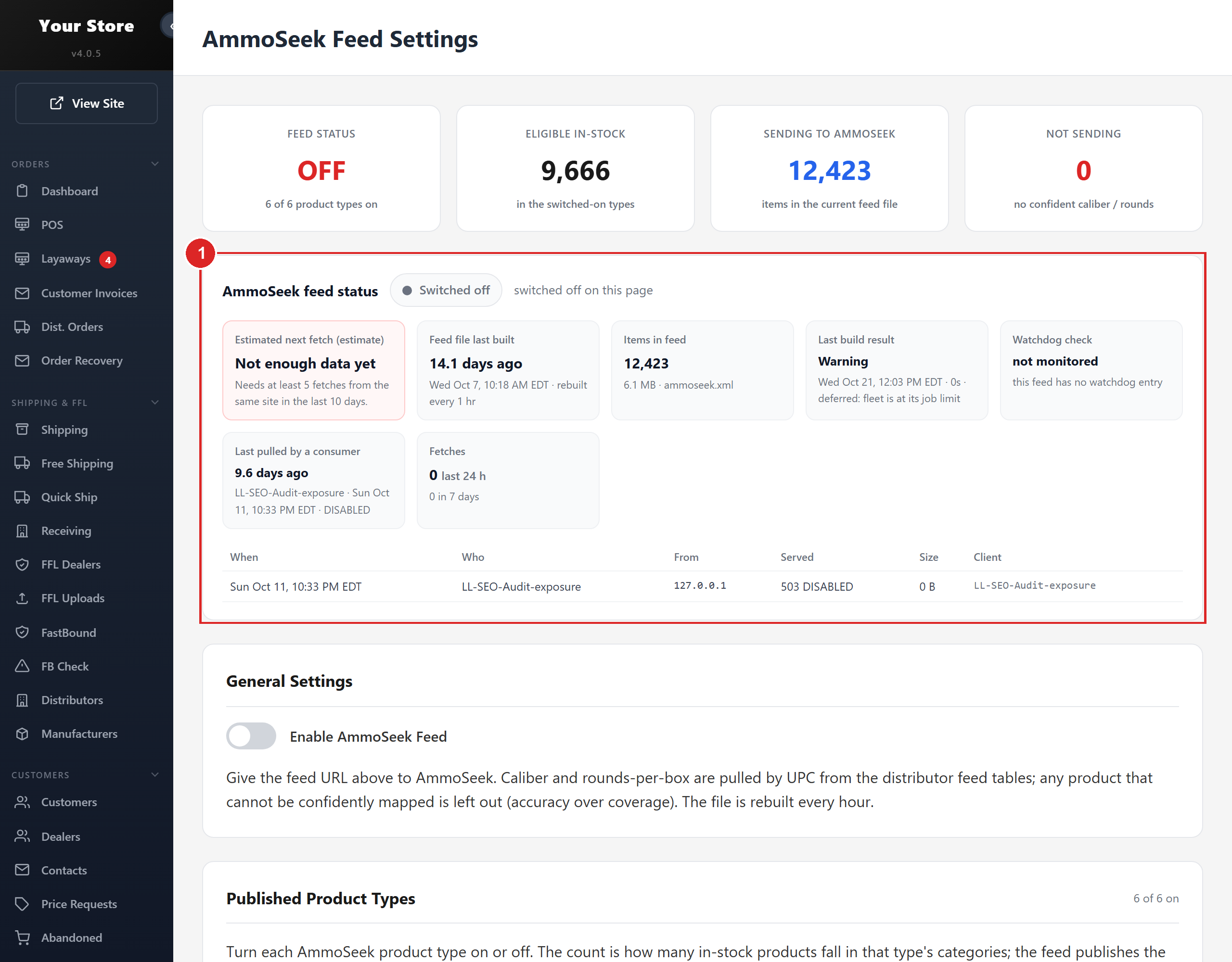 AmmoSeek Feed Settings: feed status and which product types are published