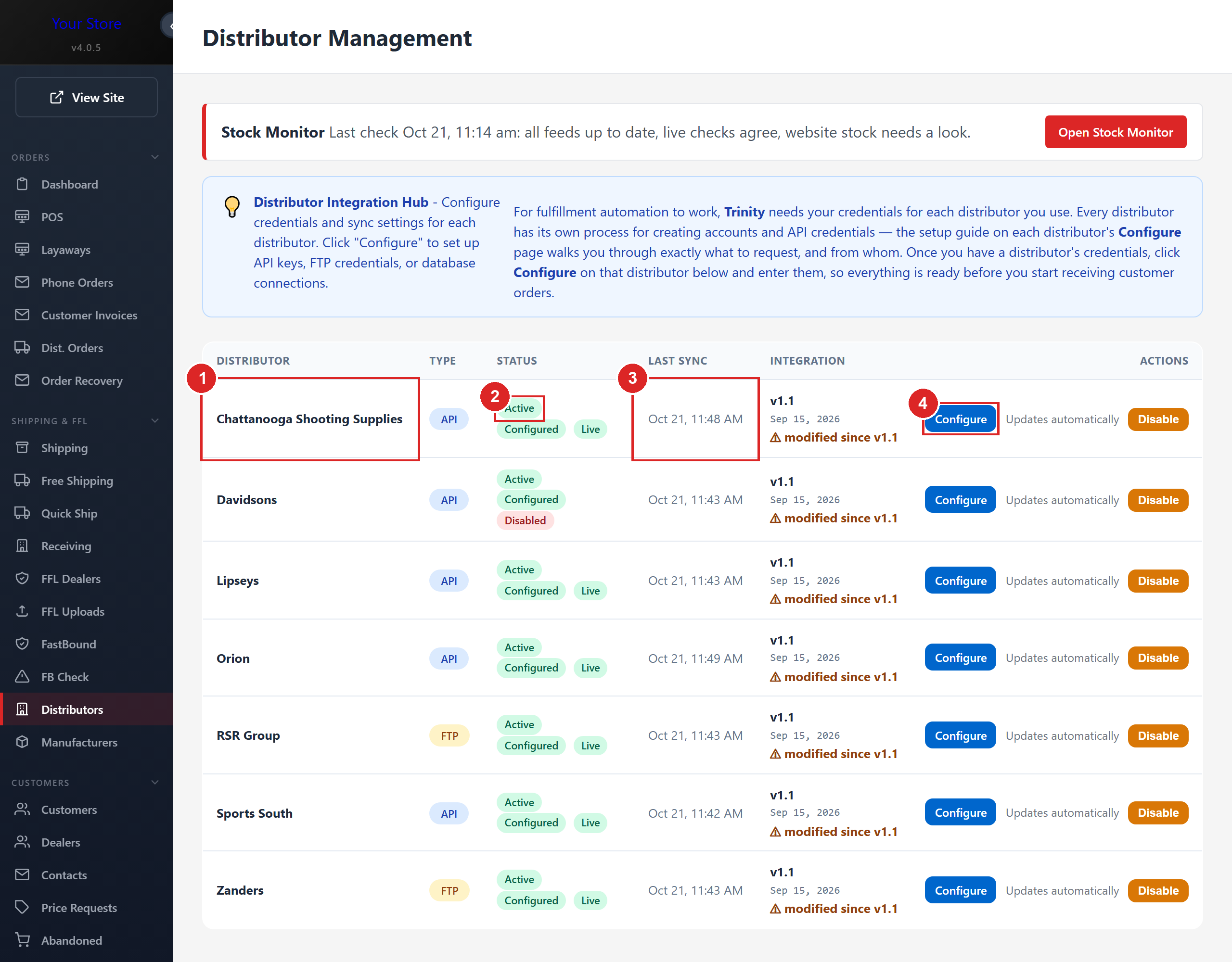 Distributors in the Trinity admin: each one with its connection type, status, last sync and a Configure button