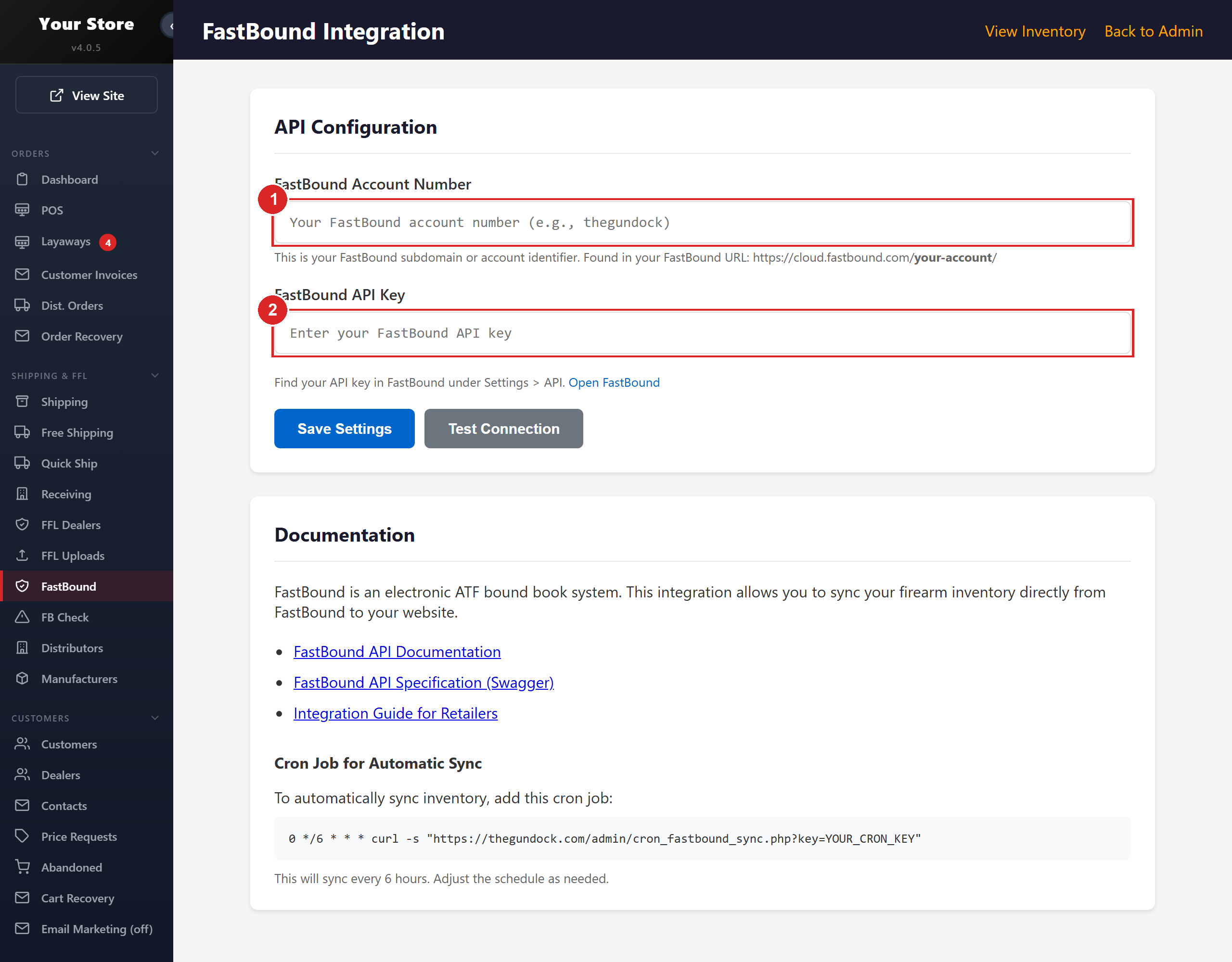 FastBound Integration: the account number and API key that connect your bound book, and the sync that counts your firearms on hand as stock
