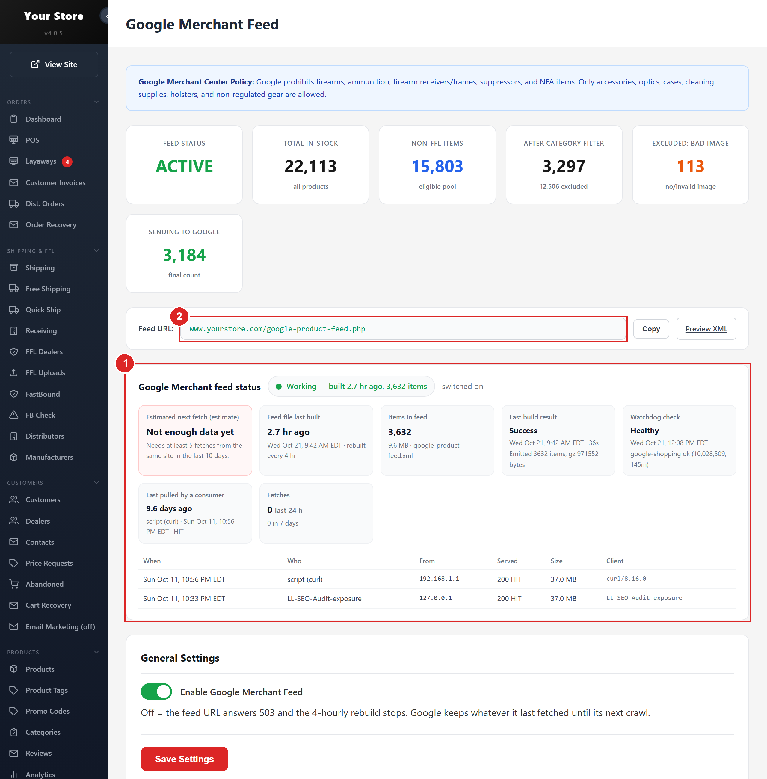 Google Merchant Feed: status, the feed URL for Merchant Center, and the categories Google accepts