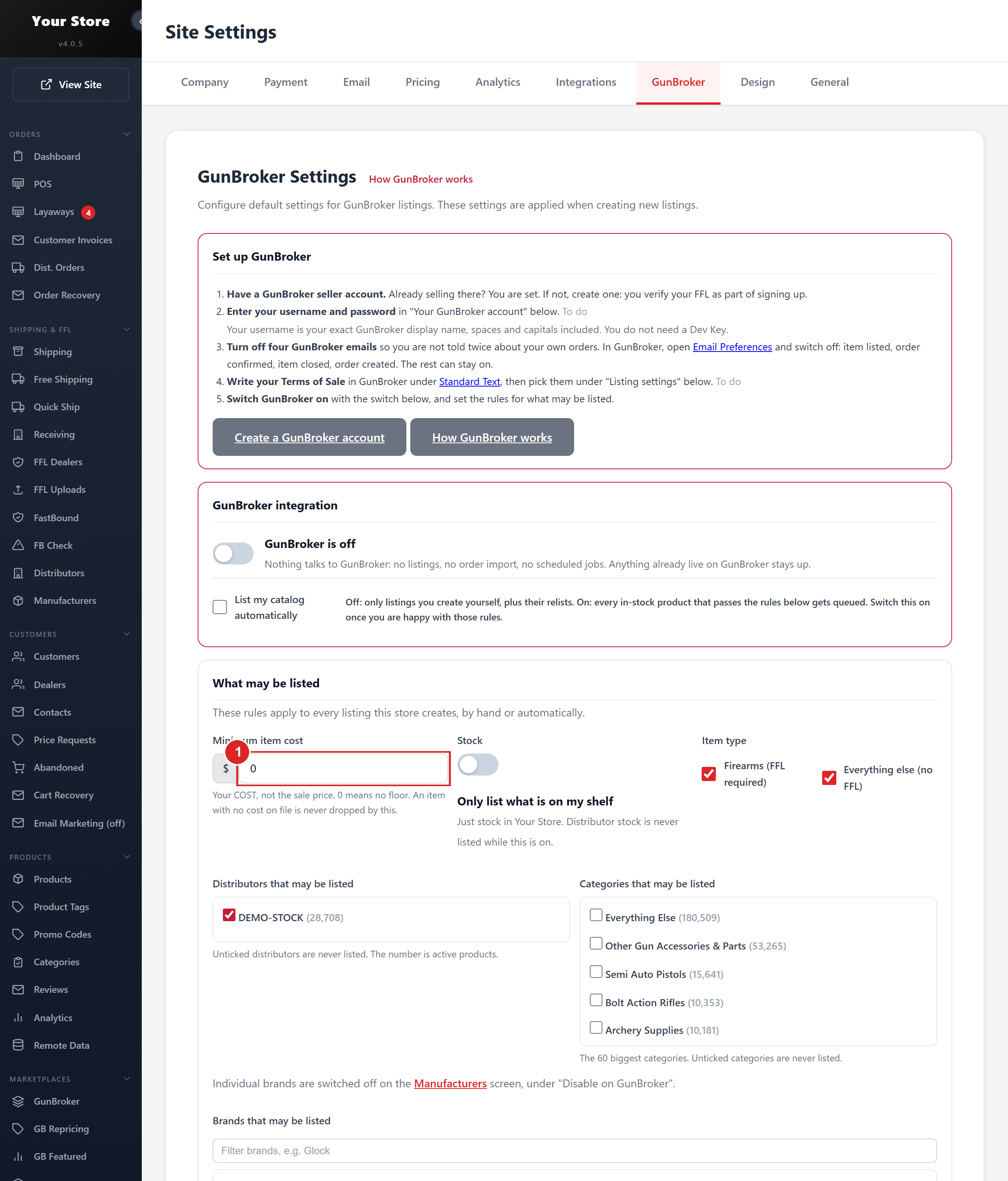 GunBroker settings: username and password, price source, fee markup, cost floor and listing rules