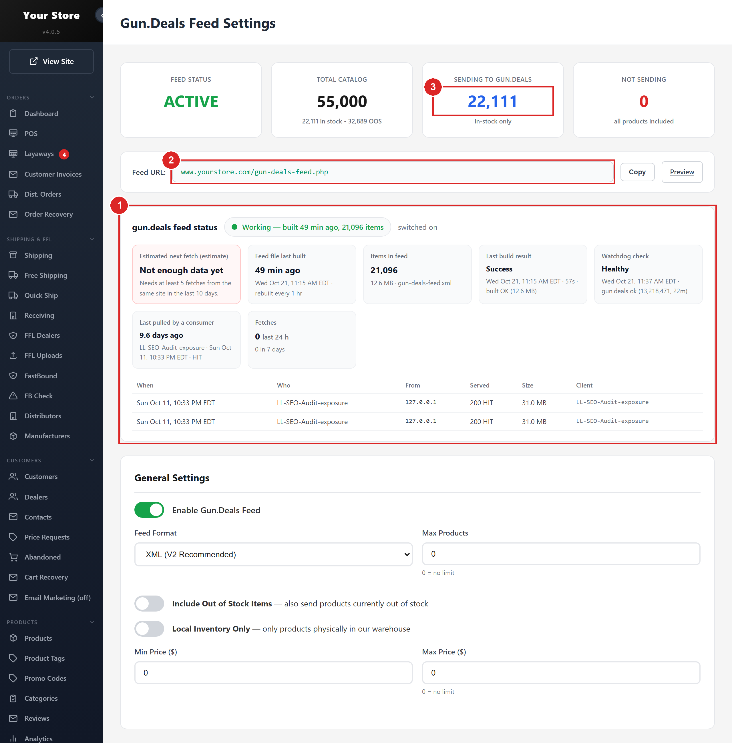 Gun.Deals Feed Settings: feed status, the feed URL to give gun.deals, what is sending, and the shipping text