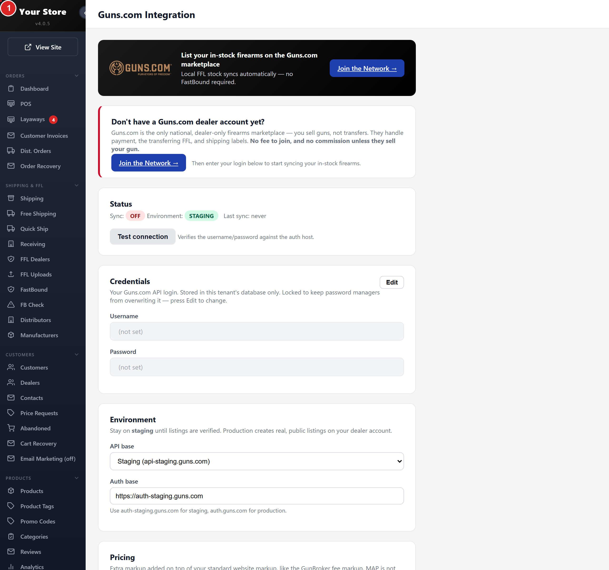 Guns.com Integration: dealer login, environment, pricing and the sync switch