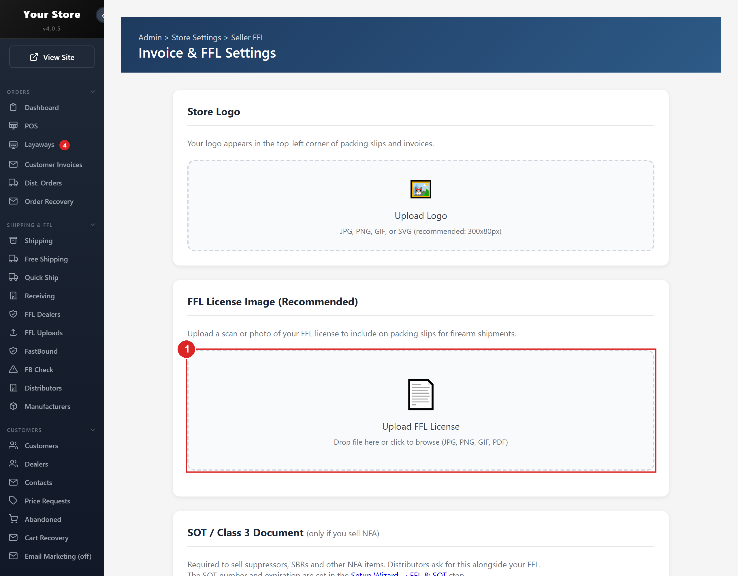 Invoice and FFL Settings: your logo, your FFL license image and your SOT document, which print on packing slips and go to distributors