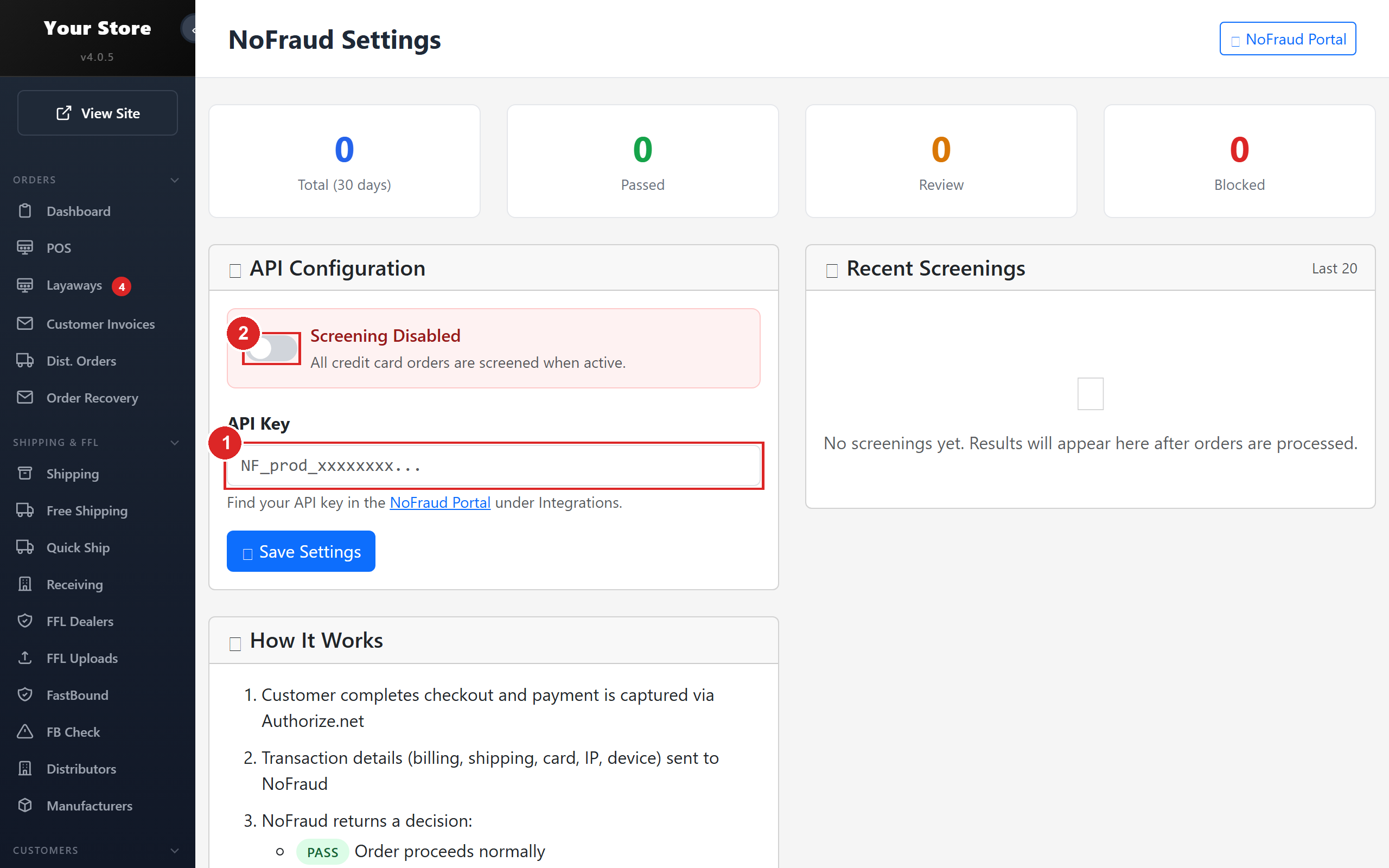 NoFraud Settings: the API key and the on switch