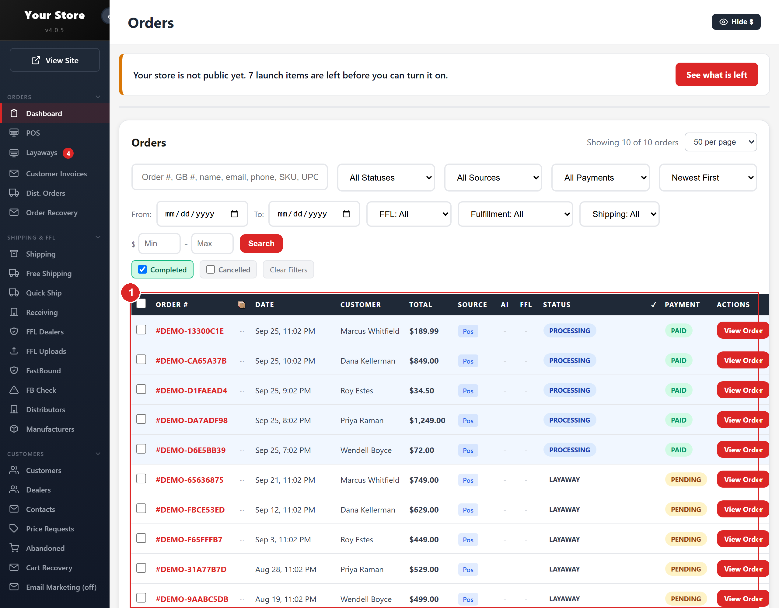 The Trinity admin dashboard: every order with its source, FFL, payment and status