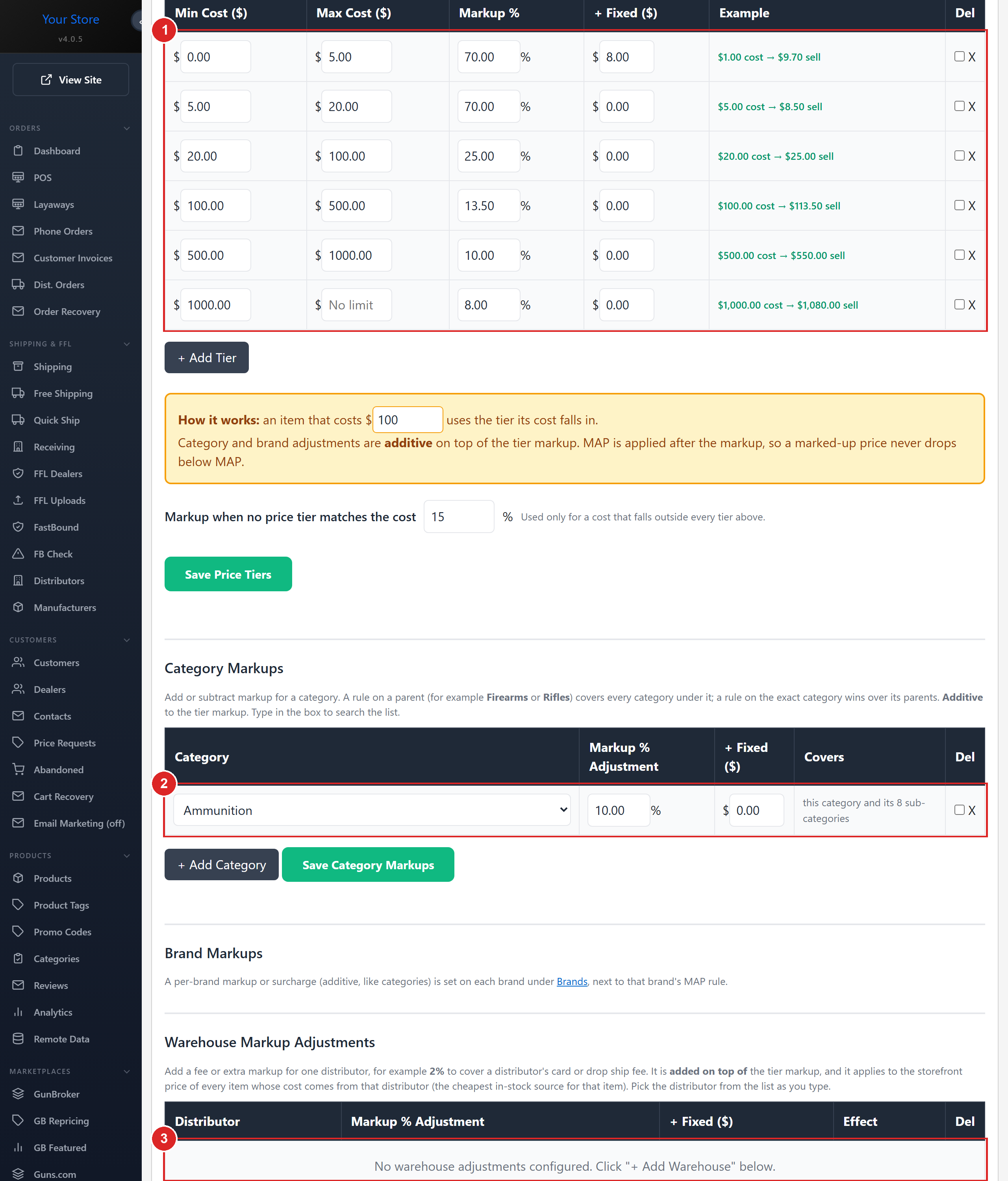 The Pricing page: price tiers by cost range, category and brand markups, per distributor adjustments and a price tester