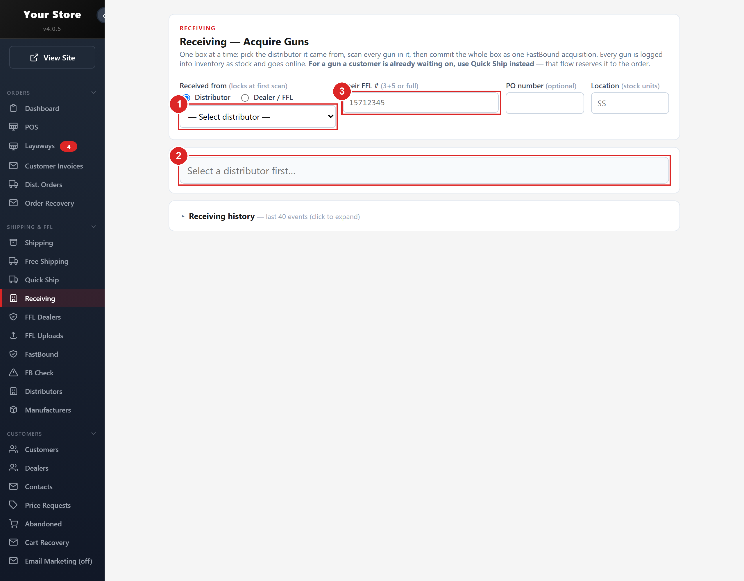 Receiving: pick where the box came from, scan every serial, then commit the whole box as one FastBound acquisition