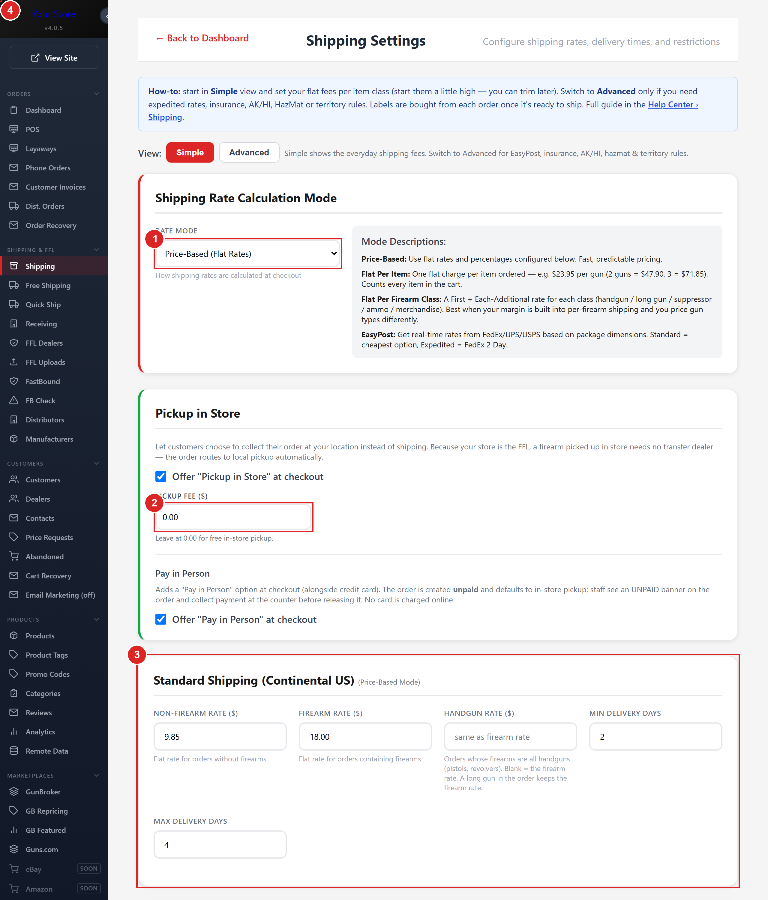 Shipping Settings: the rate mode, pickup in store, and the firearm, accessory and ammunition rates