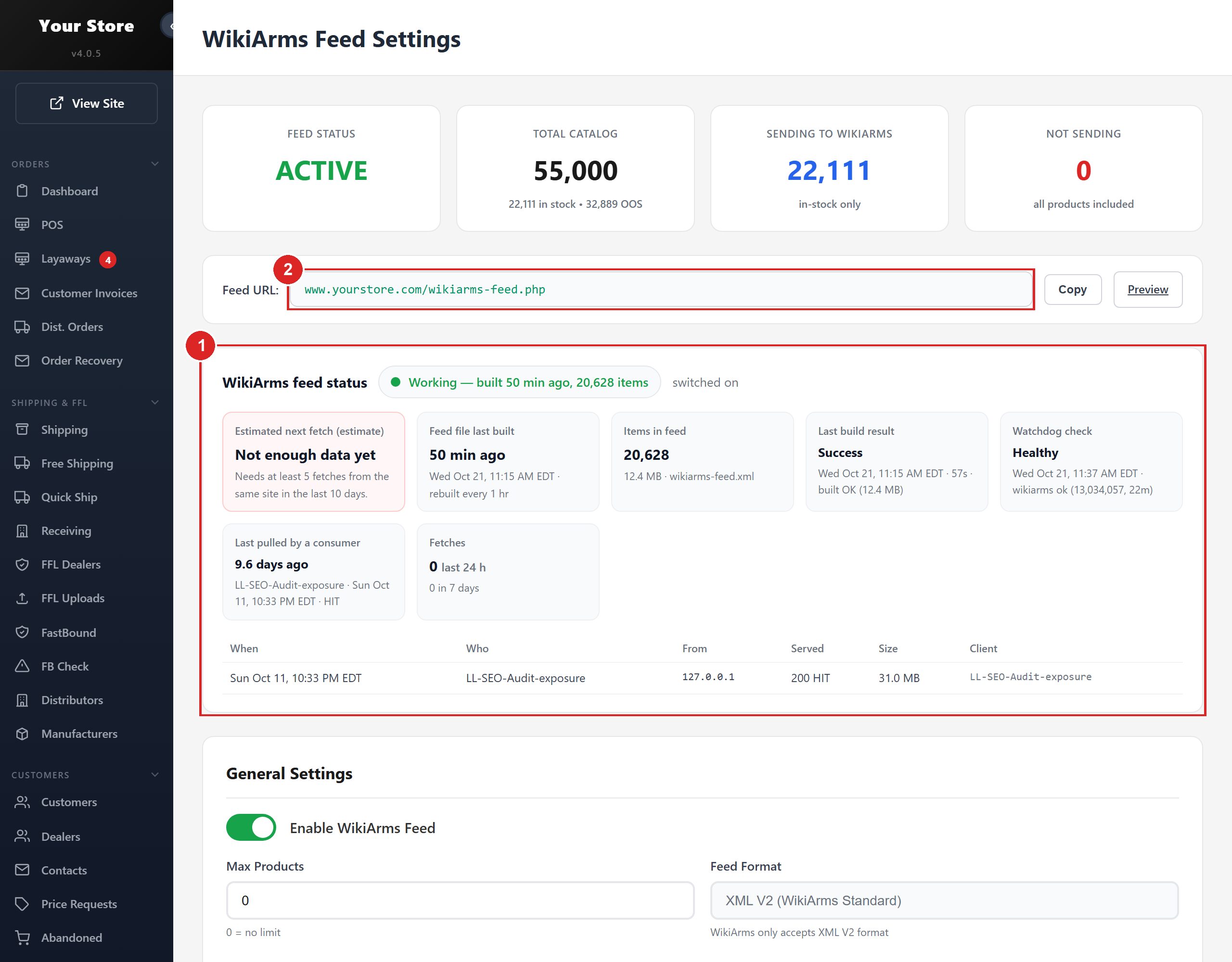 WikiArms Feed Settings: the same feed controls as gun.deals
