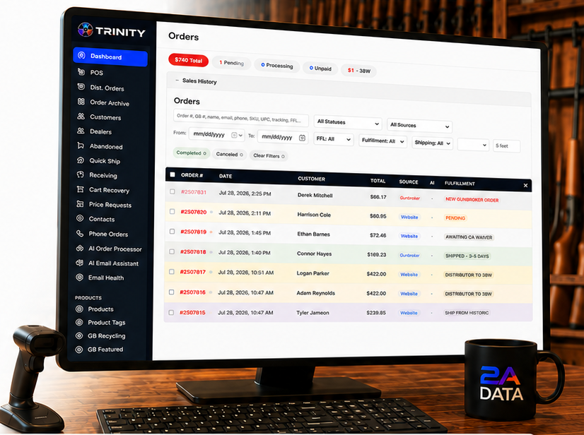 Trinity order-management dashboard on a desktop monitor at a firearm dealer's front counter